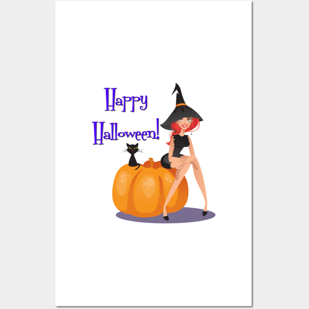 Happy Halloween Witch on Pumpkin Wall Art by CeeGunn